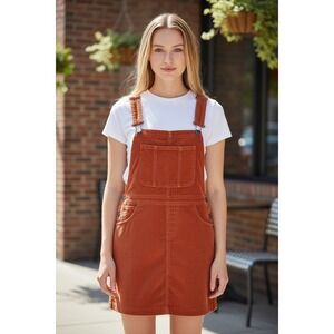 American Apparel Corduroy Overall Dress Small Hot Sauce Orange Mini Pinafore